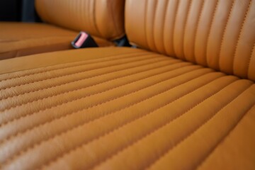 Obraz premium Close up of brown ribbed leather car seat upholstery with seatbelt