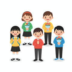 Obraz premium Illustration of diverse children holding flowers in colorful outfits on white background