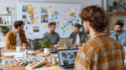 A diverse group of people in a modern office setting, engaged in a collaborative meeting or brainstorming session.