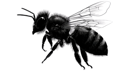 Silhouette of honey bee with detailed wings and body shape symbolizing pollination nature and insect wildlife isolated on white background