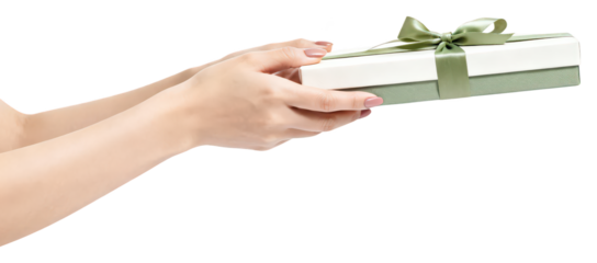 Offering a Gift: Woman's hands presenting a beautifully wrapped present box with a green ribbon on a clean, bright white background, close up shot