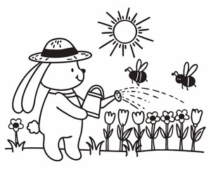 Cute cartoon bunny wearing a hat waters flowers in a garden with bees flying around on a sunny day