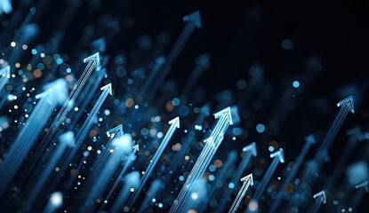 Abstract image of ascending arrows with bokeh, suggesting growth and progress on a dark background