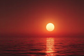 Fototapeta premium Red ocean sunset with a large sun and sparkling reflection on the water's surface