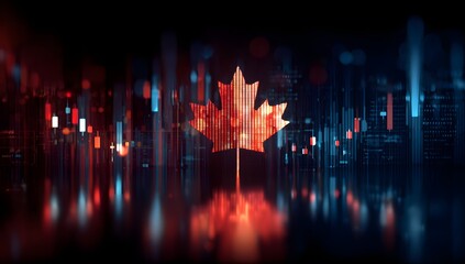 Vibrant illuminated maple leaf symbol glowing brightly against a dark abstract cityscape with colorful light reflections