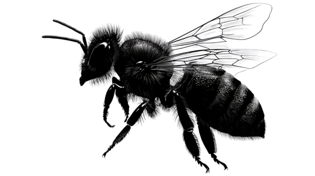 Silhouette of honey bee with detailed wings and body shape symbolizing pollination nature and insect wildlife isolated on white background