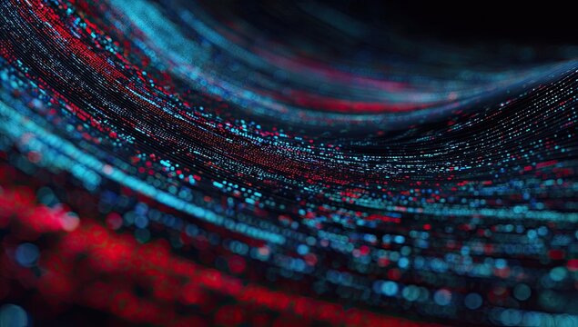 Flowing digital strands in red and blue create an abstract curved design against a dark backdrop