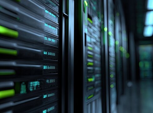 Close-up of rows of server racks in a data center, with glowing lights