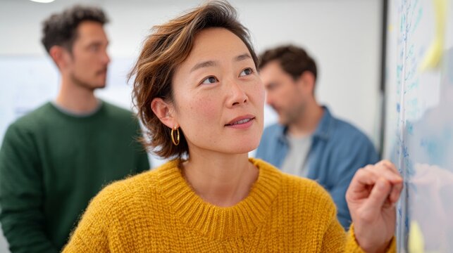 Asian woman in office setting, pointing at whiteboard during presentation. - Powered by Adobe
