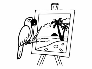 Cute cartoon parrot artist painting a tropical beach landscape on an easel with a paintbrush