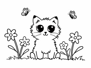 Adorable fluffy kitten with big eyes sitting in a field of flowers with butterflies flying around