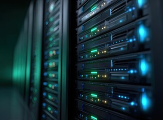 Close-up of a server room. Rows of servers with illuminated lights, green and blue hues