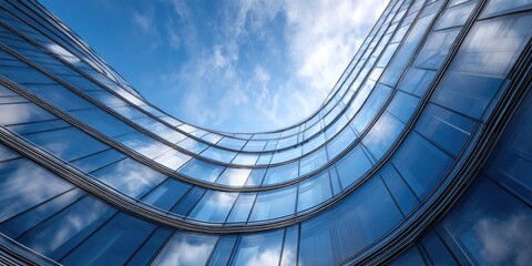Low-angle shot of a modern, curved glass building with a clear blue sky and clouds reflected