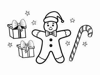 Cute hand drawn outline illustration of a gingerbread man with gifts and candy cane for christmas