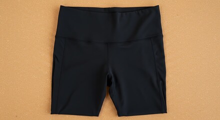 Black highwaisted biker shorts laid flat on a textured brown background, studio shot for commercial usage and mockups
