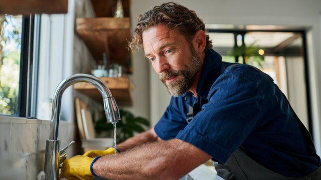 Man washing dishes at kitchen sink.