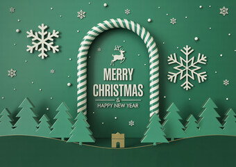 Festive merry christmas and happy new year greeting with a decorative archway, snowflakes, and evergreen trees on a green background