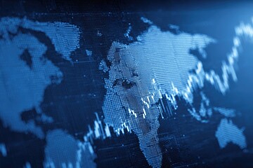 Digital map of Earth in shades of blue, with a blurred, pixelated look