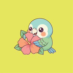 A delightful cartoon bird, light blue and green, clutches a hibiscus flower, complete with leaves, all set against a simple light yellow background.