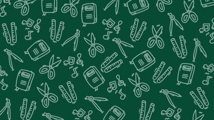 Animated seamless pattern featuring hand-drawn school supplies such as scissors, rulers, compasses, notebooks, and musical notes on a dark green background. Perfect for education-themed motion graphic - Powered by Adobe