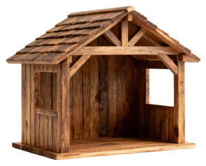 Rustic Wooden Nativity Stable on White Background, Christmas Decor