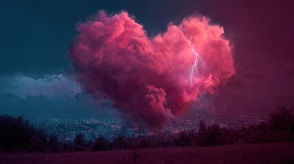 heart shaped cloud with lightning in dark sky, storm of emotions: love, passion, anger, rage and thunder