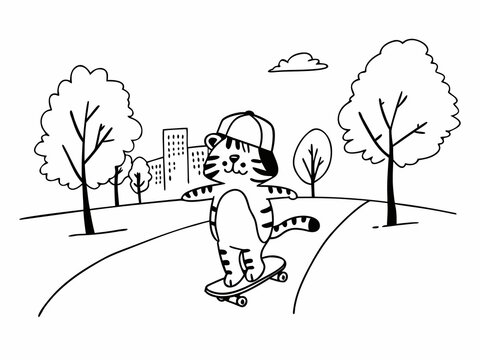 Cute cartoon tiger cat wearing a baseball cap riding a skateboard in a park with trees and buildings