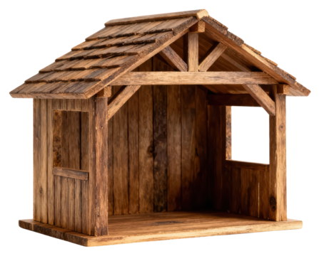 Rustic Wooden Nativity Stable on White Background, Christmas Decor
