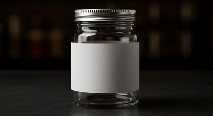Empty glass jar with a blank white label and silver lid on a dark background for commercial usage and mockups