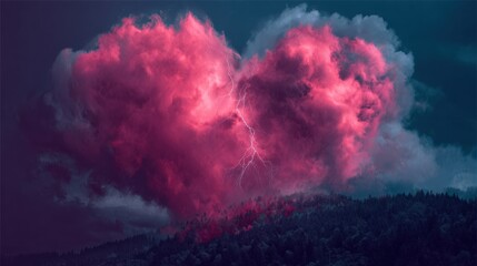 heart shaped cloud with lightning in dark sky, storm of emotions: love, passion, anger, rage and thunder