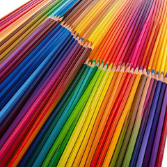 Array of colorful pencils arranged in repeating rainbow patterns