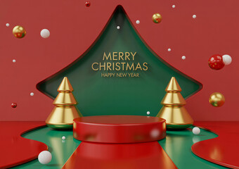 Festive 3d render of a christmas podium with golden trees and ornaments, celebrating merry christmas and happy new year