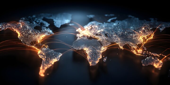 Illuminated world map displaying global connectivity and energy distribution across continents