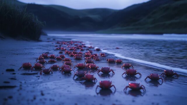 Red crabs move in large numbers along the wet sand by the water as twilight settles on the beach