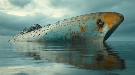 Fototapeta premium A grand shipwreck emerges from calm waters beneath a dramatic sky, highlighting nature's reclaiming of human design
