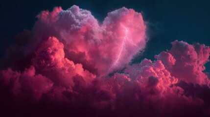 heart shaped cloud with lightning in dark sky, storm of emotions: love, passion, anger, rage and thunder