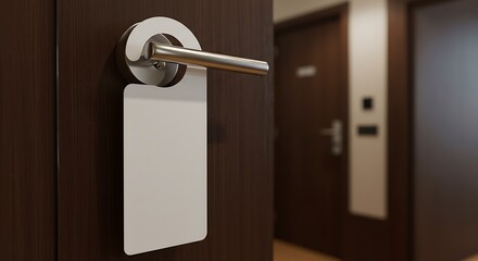 Hotel room door with blank do not disturb sign hanging on the handle for commercial usage and mockups