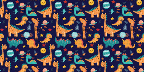 Naklejka premium vector illustration seamless pattern with cute funny dinosaurs