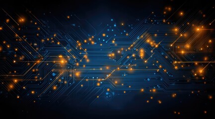 Abstract digital circuit board with glowing orange nodes and blue background