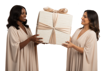 Two Women Delivering Gift with Ribbon