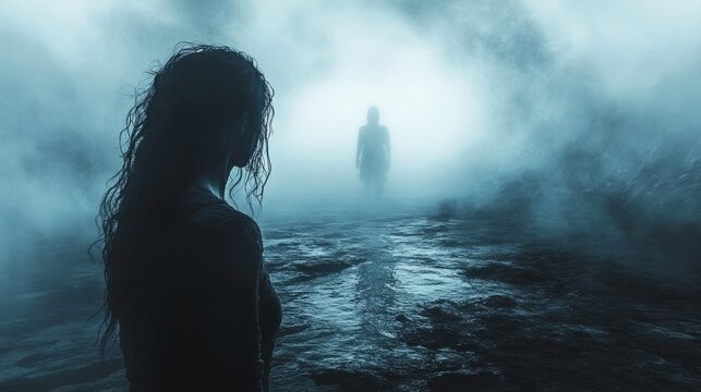 A figure stands shrouded in mist, creating an aura of mystery as another silhouette approaches through the fog