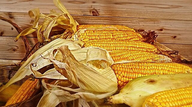 Golden ears of corn freshly husked and ready for cooking. The contrast of yellow kernels and green husks creates a lively, farm to table feeling of purity and freshness.