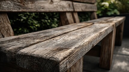 Weathered wooden park bench invites peaceful outdoor relaxation amidst lush green foliage and dappled sunlight
