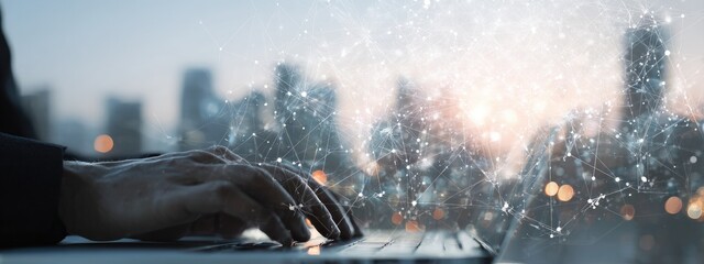 A person's hands typing on a laptop in a skyscraper. In the background, a cityscape with digital overlay