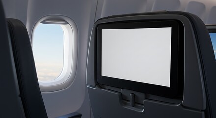 Fototapeta premium Airplane cabin interior with blank screen and window view of clouds during flight for commercial usage and mockups