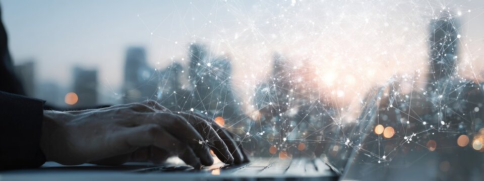 A person's hands typing on a laptop in a skyscraper. In the background, a cityscape with digital overlay - Powered by Adobe