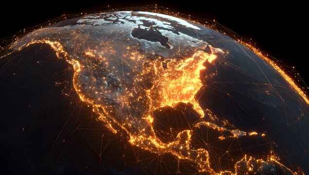 Illuminated north america seen from space at night with glowing city lights