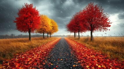 Bright autumn trees line a winding path, framed by rain and moody clouds, creating a calming yet dramatic atmosphere