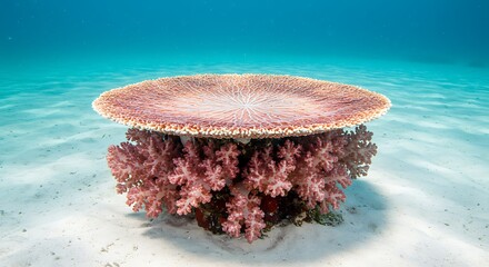 A unique mushroom coral with pink polyps grows on the sandy seabed in clear blue ocean water for commercial usage and mockups