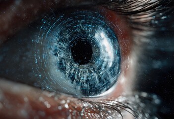 Close-up of a human eye, overlaid with digital circular pattern, representing technology